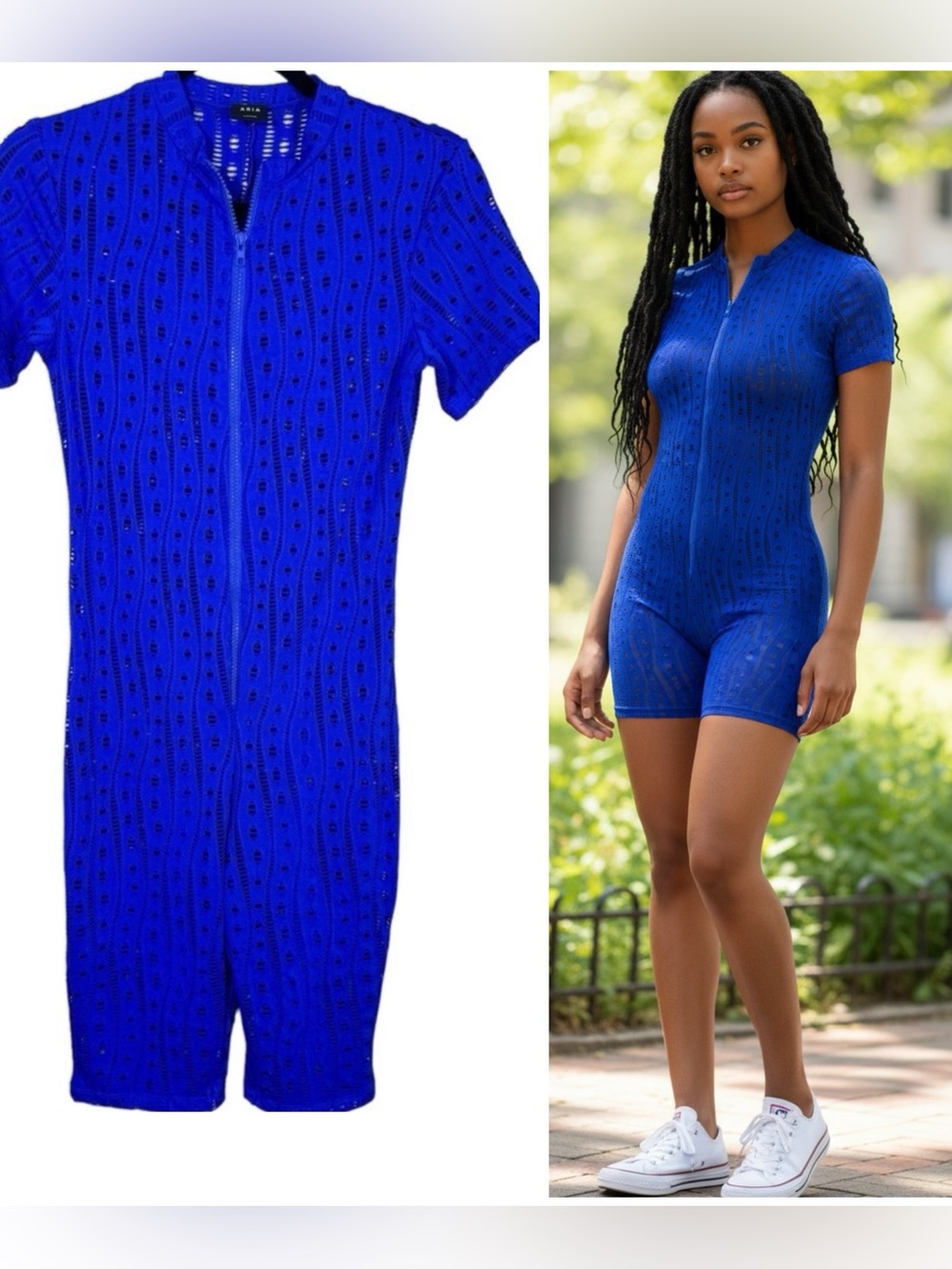 Aria Women's Zip Up Body con Hollow Romper Royal Blue Size Small